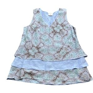 CLICK Color Me Cotton 100% Linen Top M Lagenlook Blue Tiered Floral Flowy USA